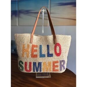 Straw Studios "Hello Summer" Woven Straw Tote Bag Beach Vacation Tan Multi NWT